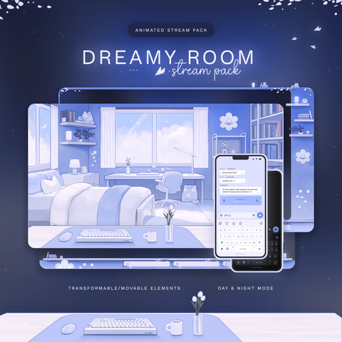 Blue Dreamy Room | Day & Night Mode | Animated Stream Overlay Pack